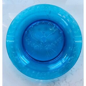 Vintage Blue Glass Eagle Ashtray Dish Collectible Patriotic Decor Cigar Tray